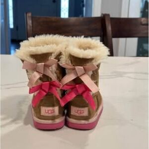 UGG Bailey Bow Tan and Pink Mid-Calf Boots with Sheepskin Lining